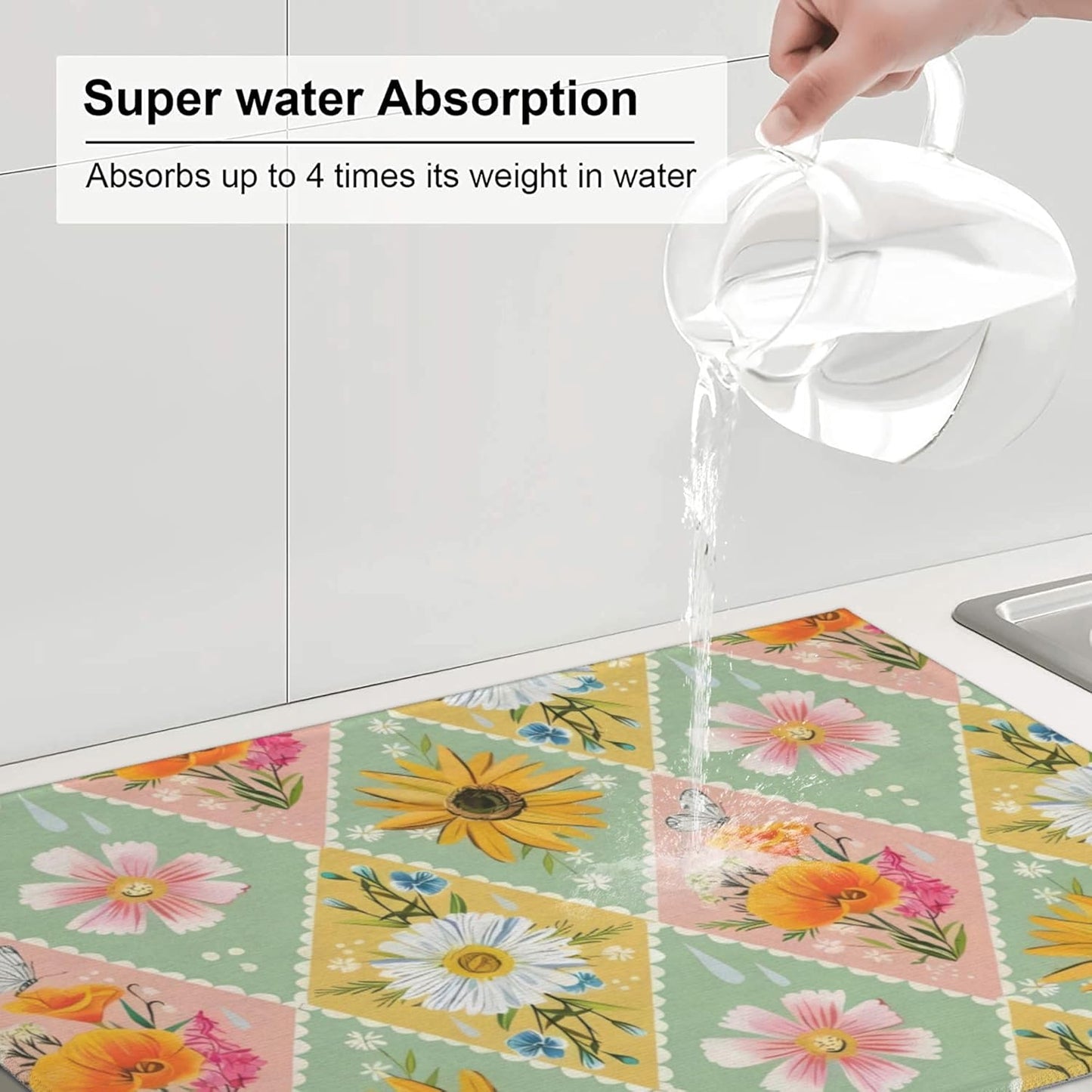 Daisy Flowers Dish Drying Mat 18x24 Inch, Microfiber Absorbent Fast Dry Mat Floral Large Dish Mat Drying Kitchen Mat, Kitchen Drying Pad for Kitchen Counter Coffee Bar Decor Gifts