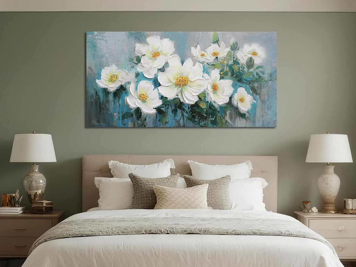 Ardemy White Floral Canvas Wall Art Extra Large Teal Textured Pictures Wall Decor Turquoise Paintings Artwork for Living Room Bedroom Home Office, 58"x29"
