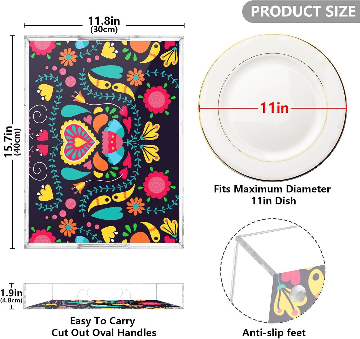 Acrylic Serving Tray with Handles Spill Proof Kitchen Storage Tray Clear Decorative Tray Makeup Drawer Organizer Storage Tray for Bathroom Living Room Ottoman 15.7x11.8Inches