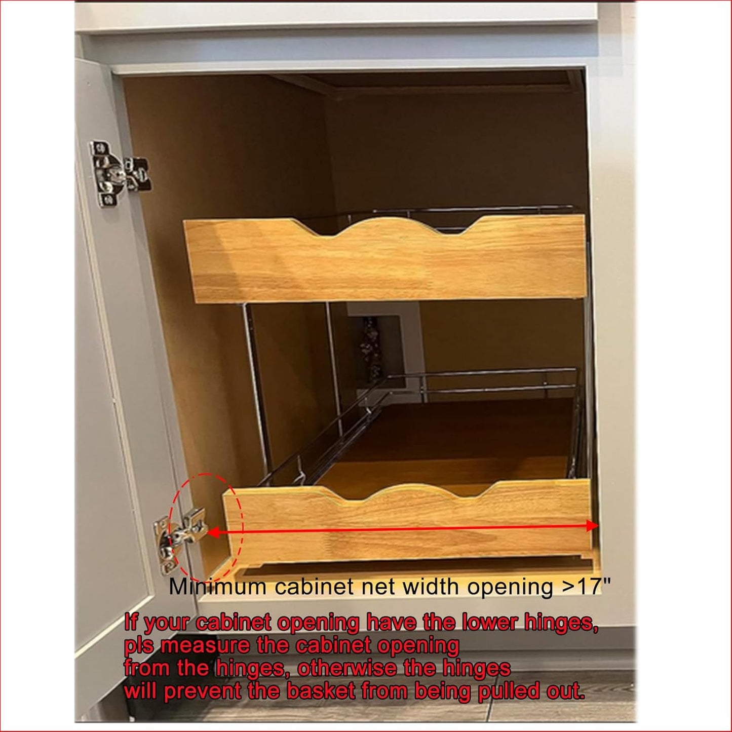 DINDON 2 Tier Pull Out Cabinet Organizer (17" W x 21" D) Slide Out Wood Shelf Double Tier Kitchen Wire Basket With Chrome Finish…