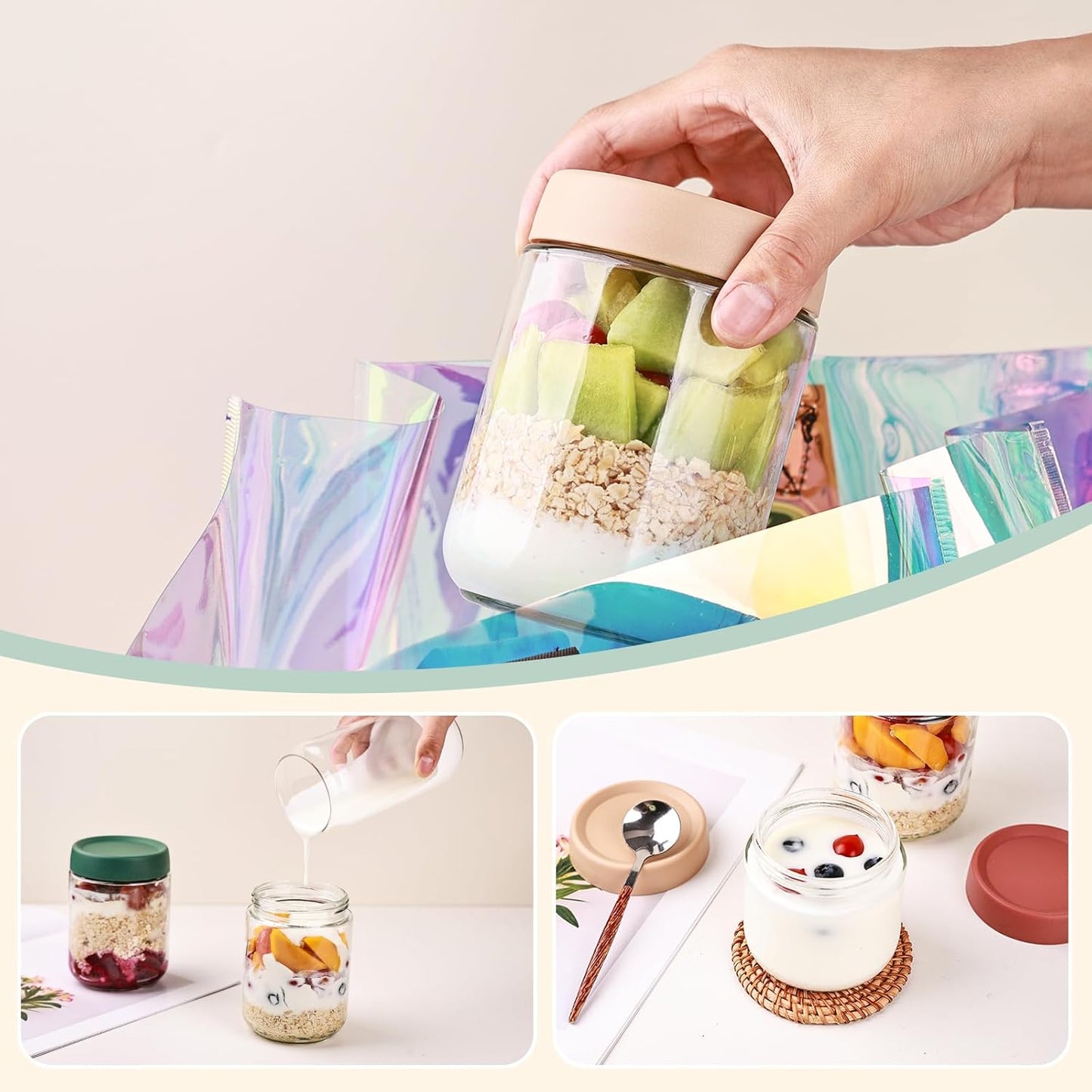 16oz Overnight Oats Containers with Plastic Airtight Lids, 6 Pack Wide Mouth Mason Salad jars, Glass Food Storage Containers for Snacks Sugar Spice Yogurt