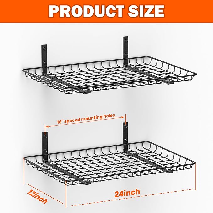 Ultrawall Wall Mounted Storage Shelf, Garage Wall Shelves 24x12 Inch, Metal Shelf Rack, Heavy-Duty Wall Organizer for Closet, Kitchen, Laundry Room 2 Pack, Black