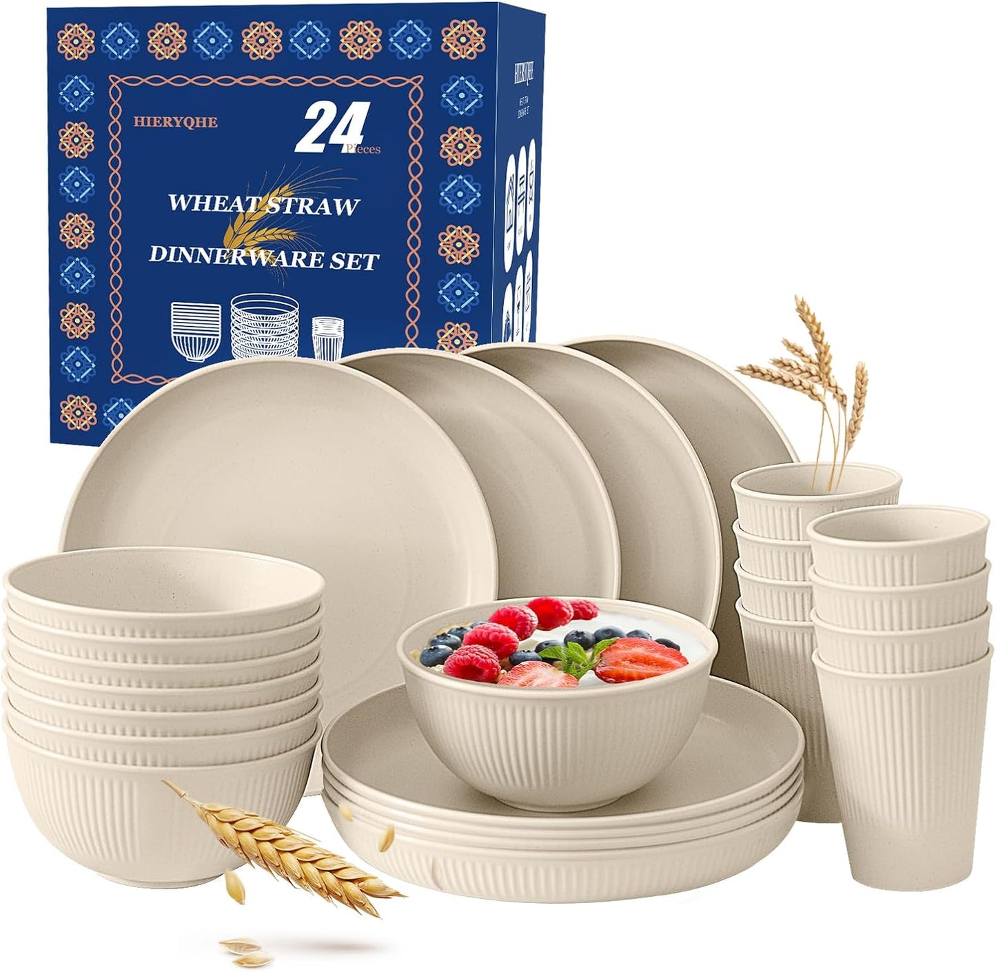 Wheat Straw Dinnerware Sets 24PCS -Set of 8, Reusable Plates and Bowls Set Dishwasher & Microwave Safe Cups Plates and Bowls Sets Shatterproof For Kitchen Outdoor Travel Camping