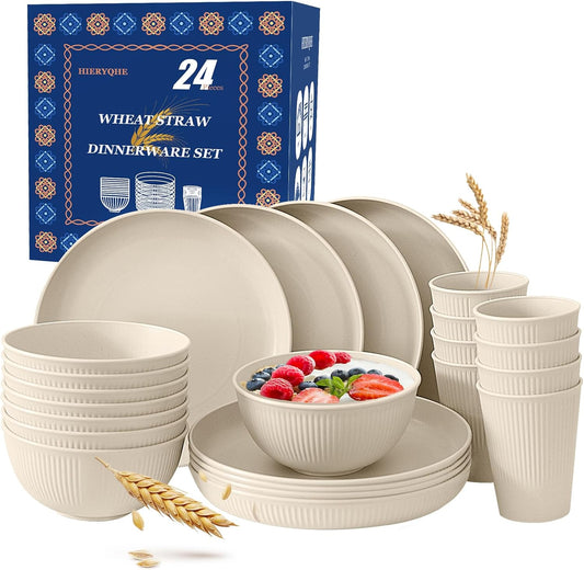 Wheat Straw Dinnerware Sets 24PCS -Set of 8, Reusable Plates and Bowls Set Dishwasher & Microwave Safe Cups Plates and Bowls Sets Shatterproof For Kitchen Outdoor Travel Camping