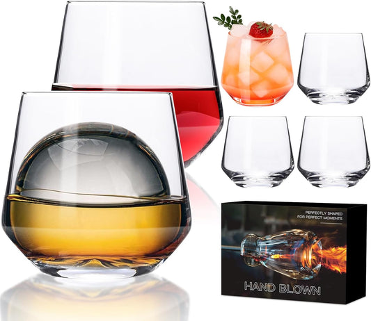Stemless Wine Glasses Set of 6,13oz Hand Blown Water Glasses,Red Wine Glasses for Beer,Juice,Mojito,Iced Tea,Kitchen,Bar Cocktail