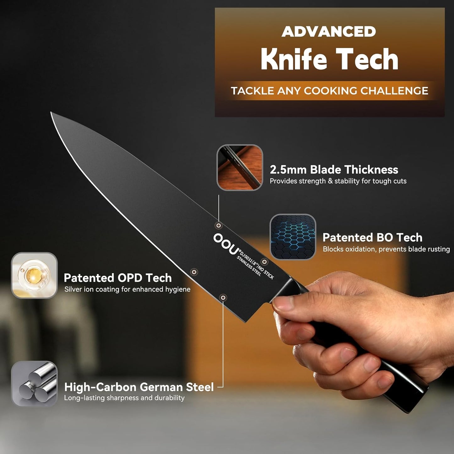 OOU Kitchen Knife Block Set - 15 Pieces High Carbon Stainless Steel Chef Knife Sets, Anti-Rust Black Knives Set with Built-in Sharpener Block, Black