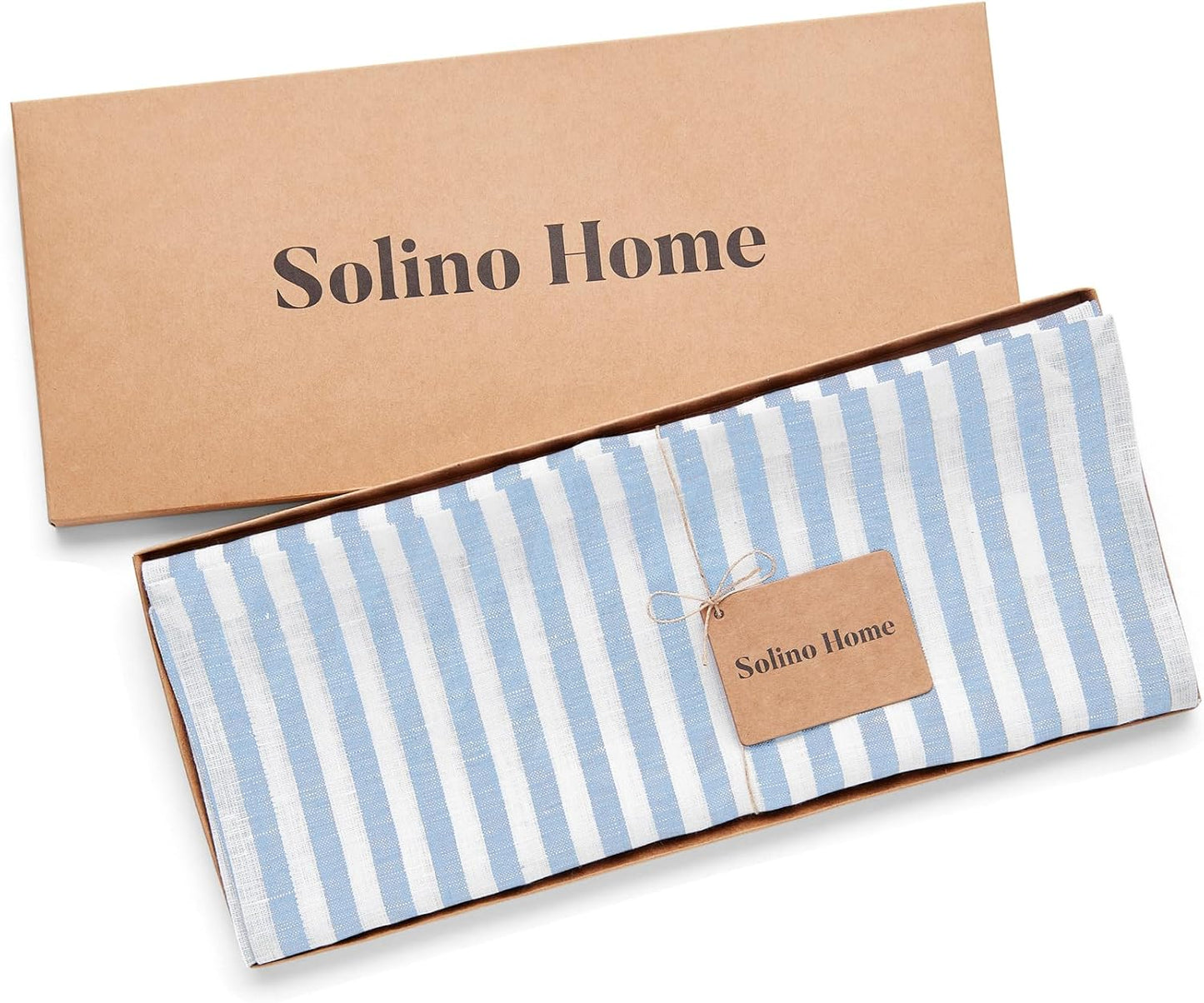 Solino Home Linen Table Runner 48 Inches - Amalfi Stripe 100% Pure Linen Sky Blue and White Table Runner 14 x 48 Inch Ideal for Dresser and Coffee Tables - Christmas, Holiday
