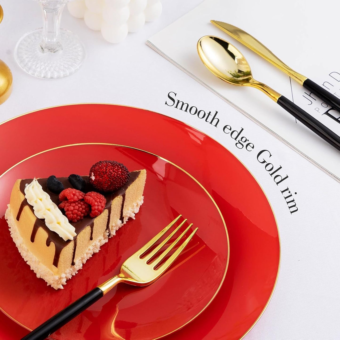 100PCS Red Plastic Plates, Red Disposable Plates for Party, Graduation, Include 50 Dinner Plates, 50 Dessert Plates for 50 Guests