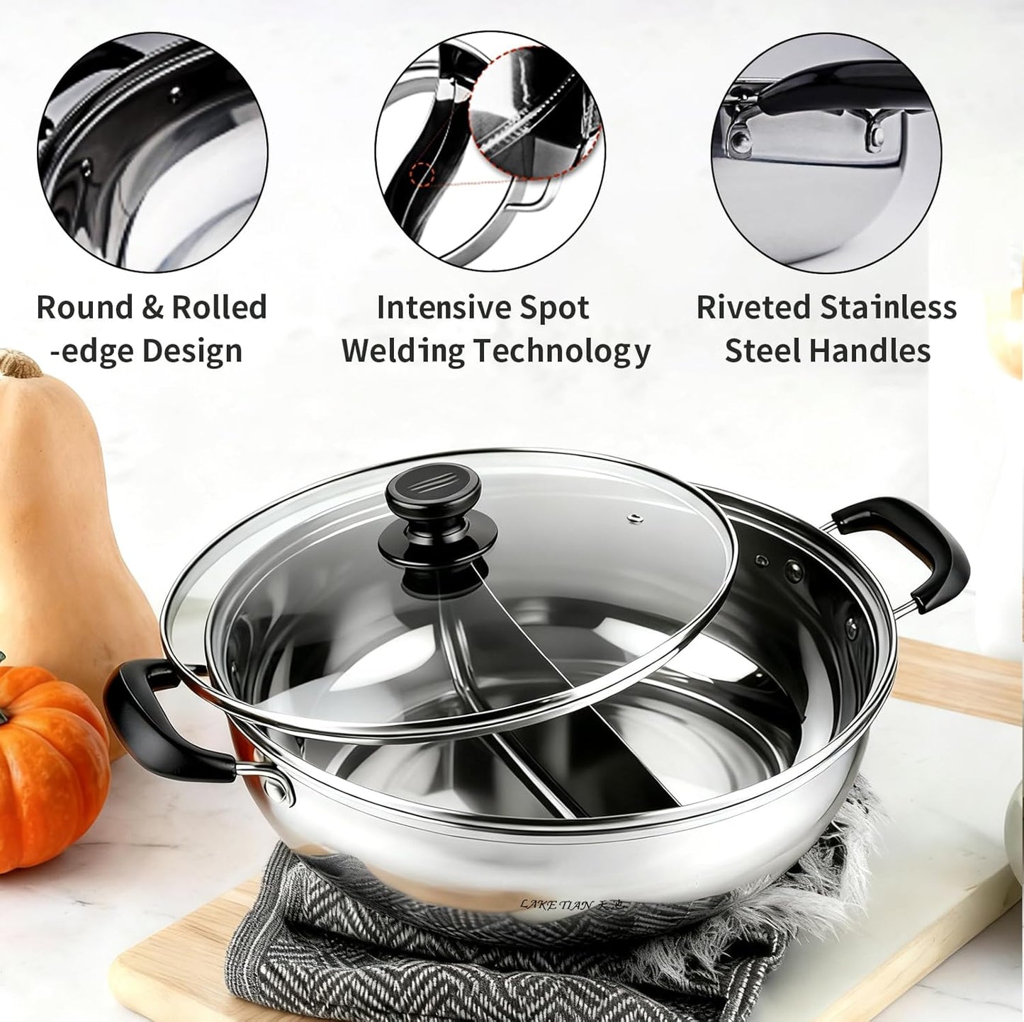 Stainless Steel Hot Pot with Divider Include 3 Spoons, Shabu Shabu Chinese Hot Pot With Lid, Dual Sided Yin Yang Pan with Divider Set, Portable, 12.6″