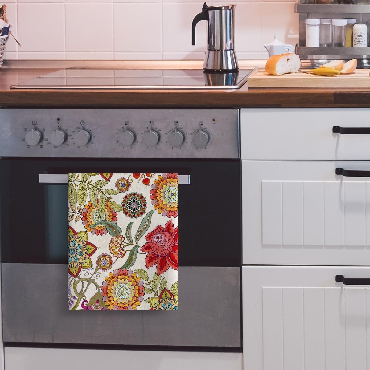 Cukemip Boho Floral Kitchen Towels Decorative Set of 2, Colorful Absorbent Hand Towels for Kitchen, Bar, Drying Decor, Housewarming Gifts