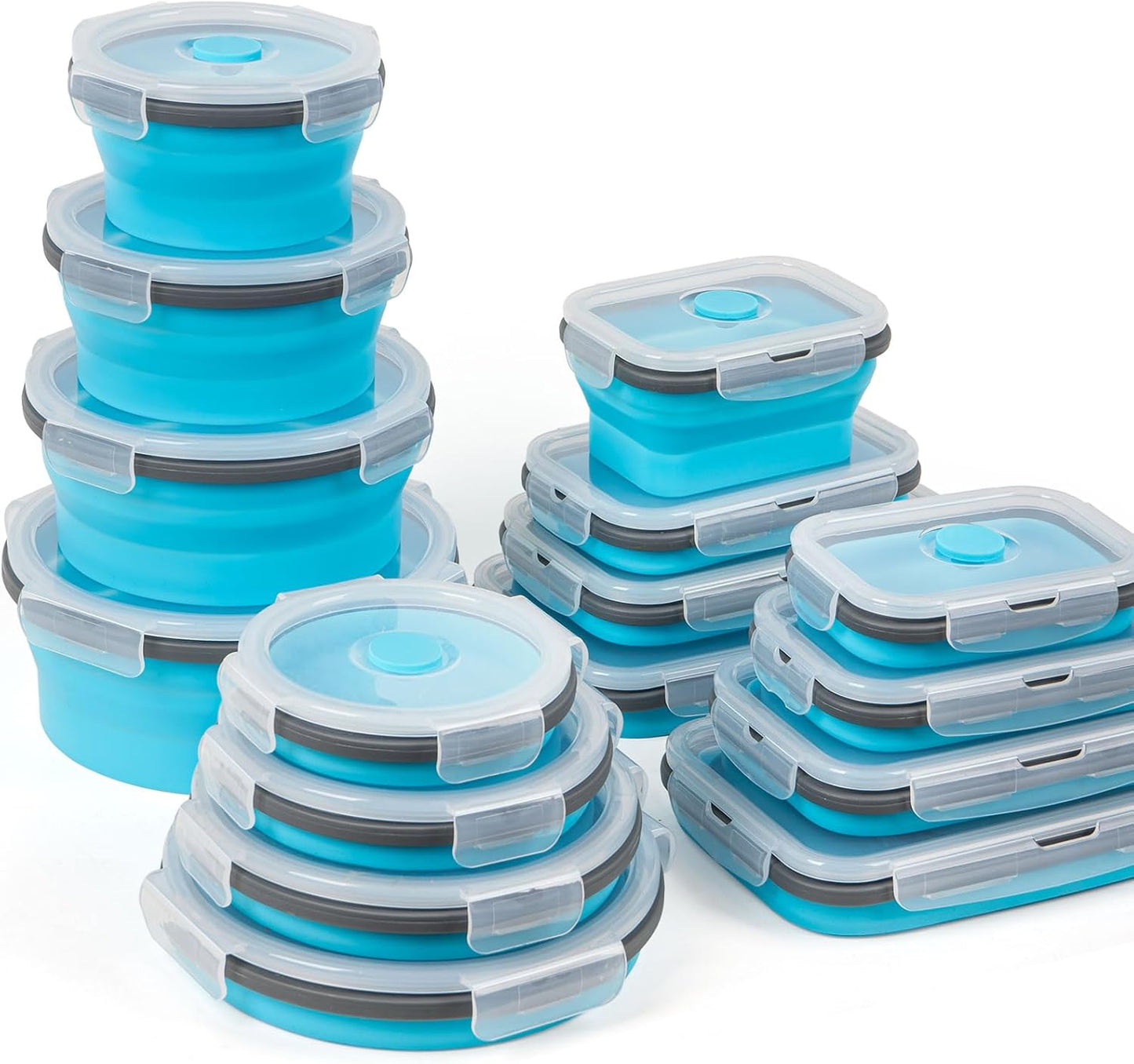 Collapsible Silicone Food Storage Containers Set with Lid & Air Vent, Foldable Lunch Containers, 16 Pack (8 Rectangular + 8 Round Bowls), BPA-Free, Space-Saving