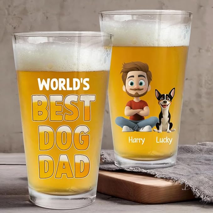 Wrappiness Best Mom Dad Logo Personalized Custom Beer Glass - 16oz Glassware for Beer Soda Cocktails - Gift for Dog Lovers, Father's Day, Birthday Gift for Parents (B04, 3 Dogs)