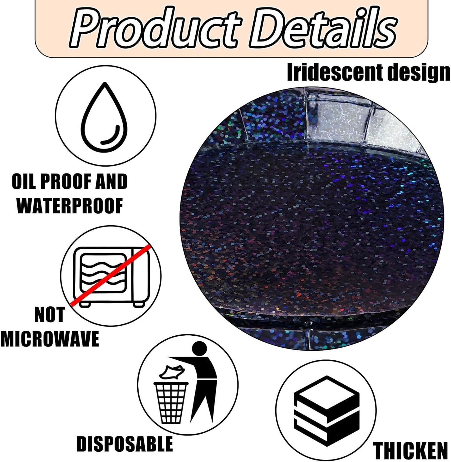 50 Pcs Iridescent Black Paper Plates 25 × 7'' and 25 × 9'' Disposable Black Shiny Holographic Foil Dinner Plates for Wedding Baby Shower Birthday Halloween Party Glitter Dessert Plate