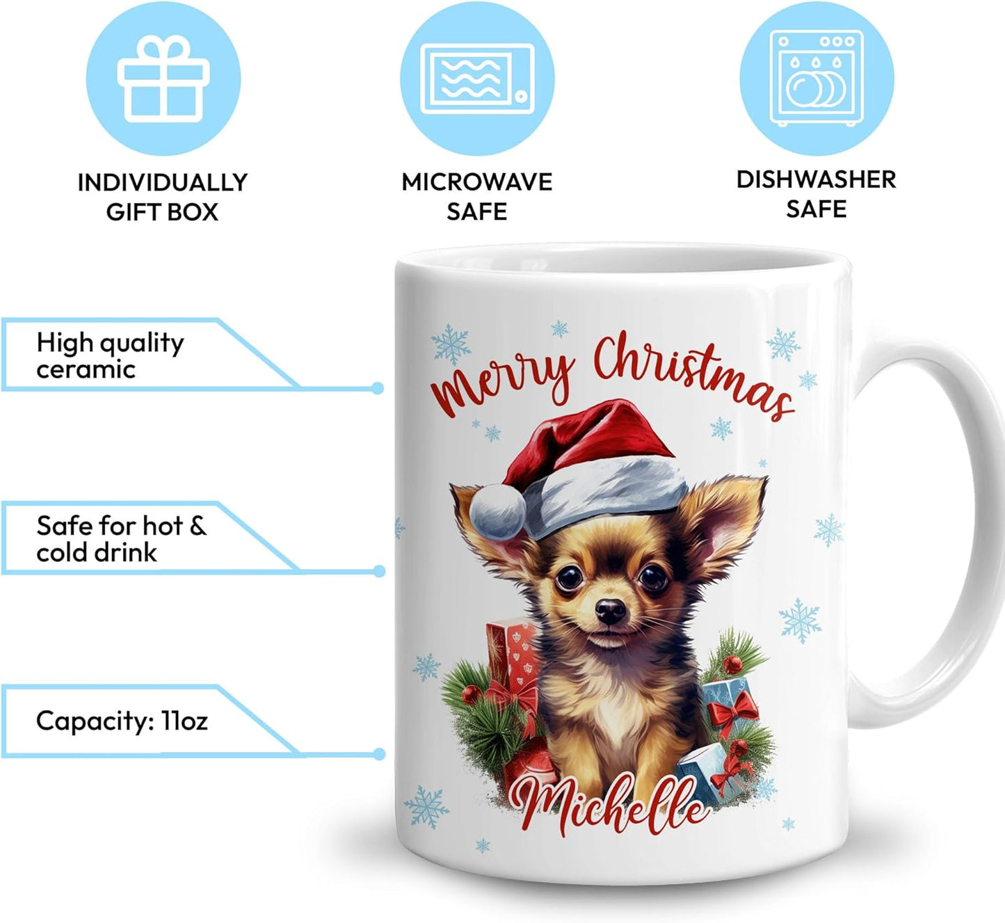 Hyturtle Personalized Gifts Dog Lover - Chihuahua Merry Christmas Custom Name Ceramic Coffee Mug Cup 11oz - Cute Animal Lovers Gifts For Women, Girl kids Family On Birthday, Christmas