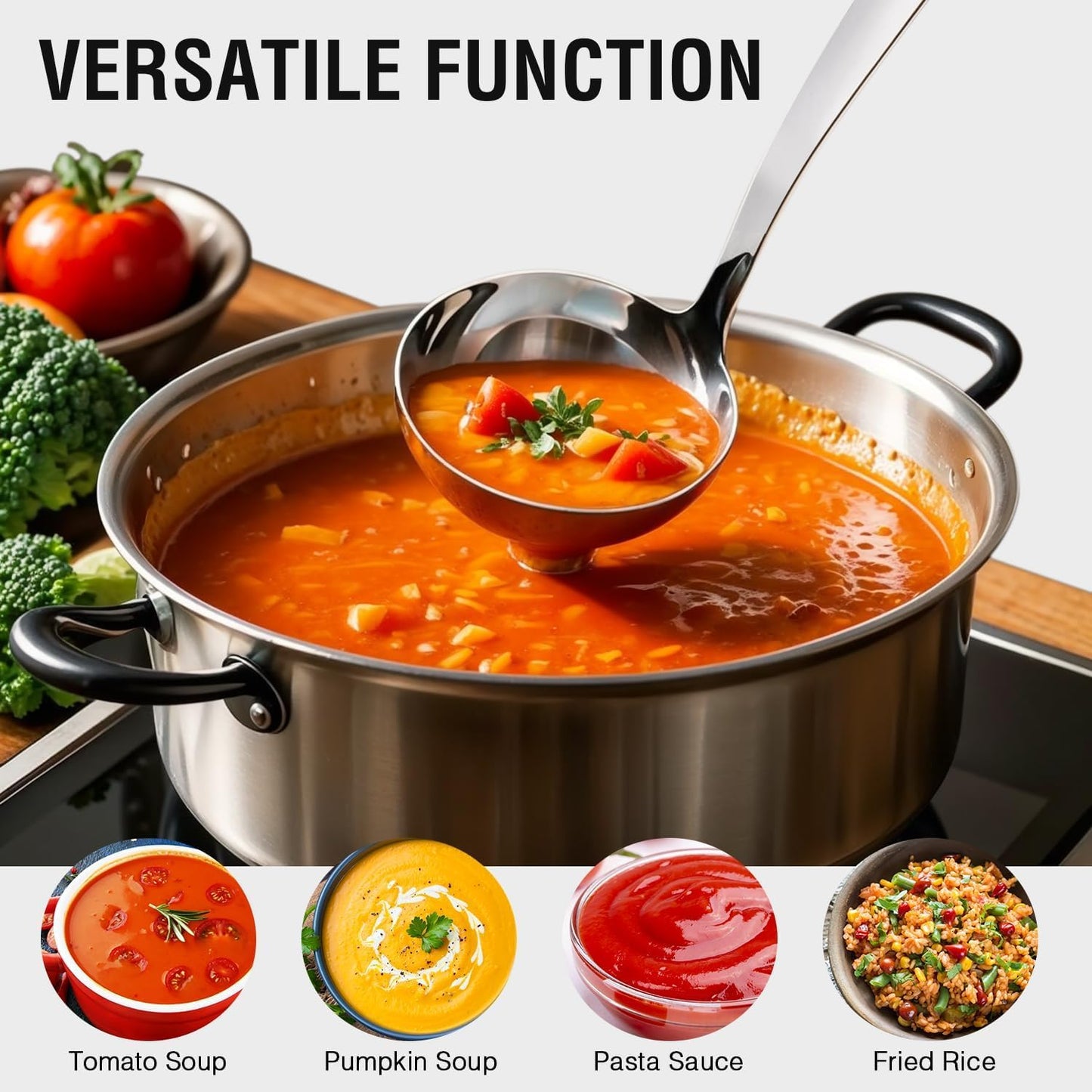 Kitchen Stainless Steel 11.2 Inches Round Soup Ladle Ergonomic Handle, Perfect For Stirring, Serving Soups, And More - Heavy-Duty Metal Ladle Chef Craft Select Serving Ladle