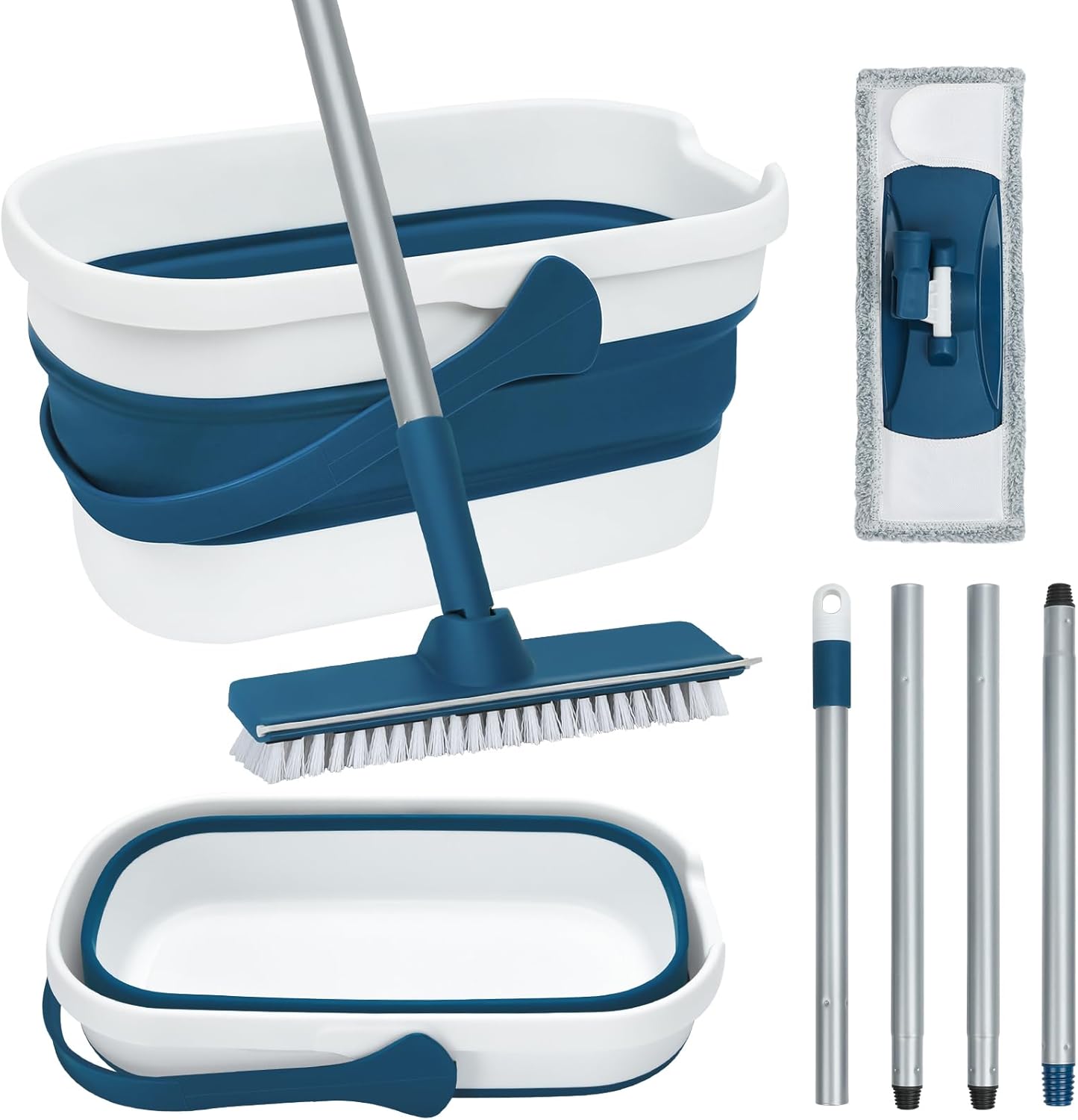 Collapsible Mop and Bucket Set with Scrub Mop and Brush, Tile Laminate Hardwood Floor Brush and Flat Mops for Floor Cleaning, Foldable Bucket with Washable Microfiber Mop(Blue)