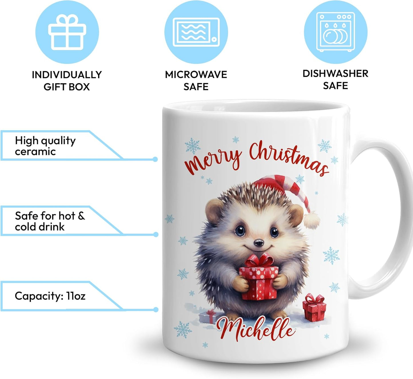 Hyturtle Personalized Gifts Hedgehog Lover - Hedgehog Wearing Santa Hat Custom Name Ceramic Coffee Mug Cup 11oz - Cute Animal Lovers Gifts For Women, Girl kids Family On Birthday, Christmas