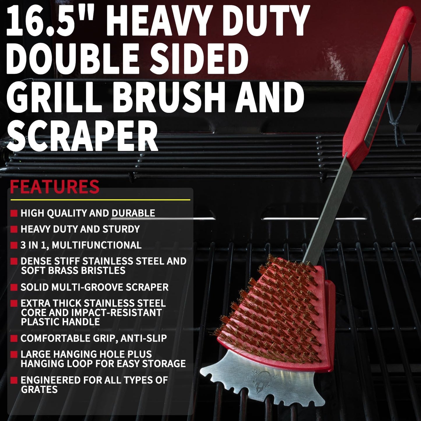 GRILLGEN Grill Brush and Scraper- Heavy Duty Grill Brush with Steel and Brass Bristles BBQ Cleaner for Outdoor Grills,BBQ Accessories for Porcelain, Cast Iron, Stainless Steel Grates