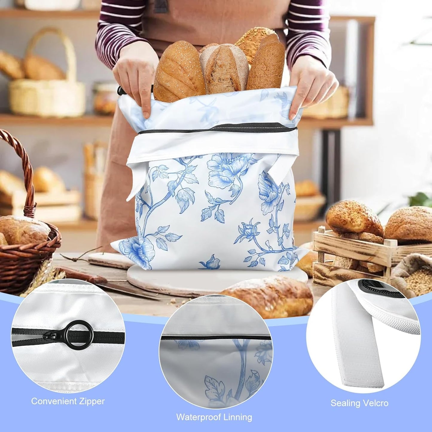 4 Pcs Bread Bags for Homemade Bread 17" x12" Reusable Sourdough Storage Bags with Foodgrade TPU Lining Food Wraps to Keeping Fresh Loaf Fresh Freezer Baker Baking Supplies (Blue)
