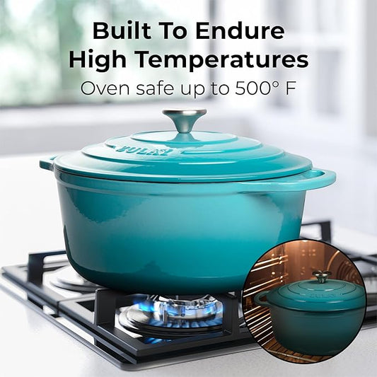 Zulay Kitchen 6 Quart Enameled Cast Iron Dutch Oven with Lid – Premium Durability & Oven Safe up to 500°F – Heavy Duty Cookware Perfect for Bread Baking, Stews, Braising & Roasting – Light Blue