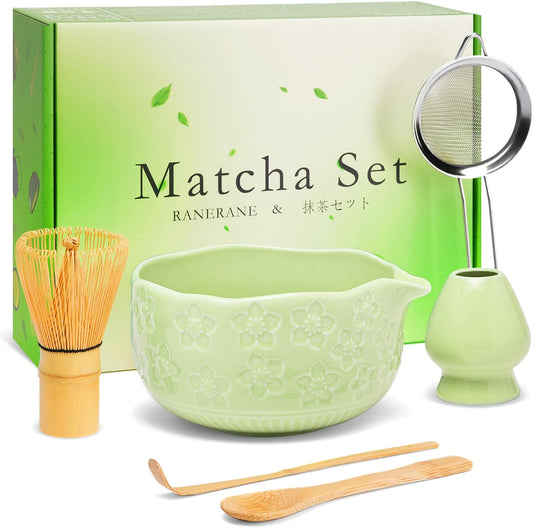 Matcha Whisk Set, Sakura Green Ceramic Matcha Set Includes Matcha Bowl, Matcha Whisk (Chasen) and Holder, Sifter, Bamboo Scoop & Spoon - 6 Pcs Matcha Kit for Matcha Lovers