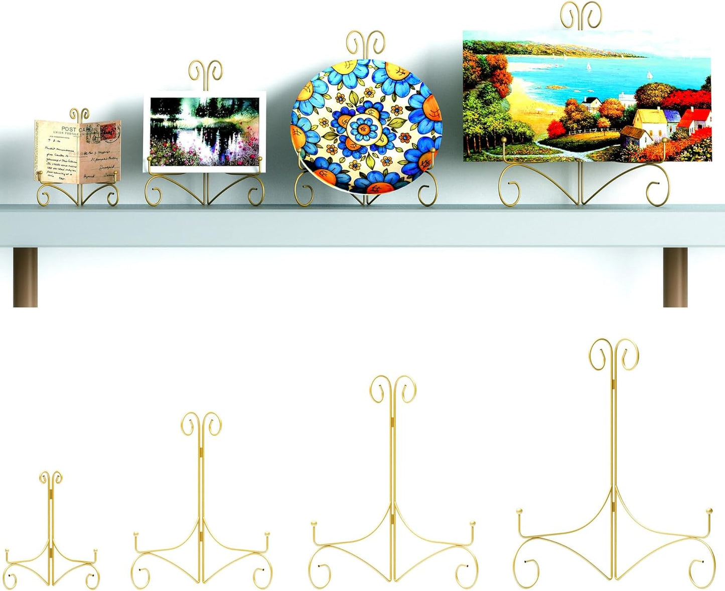 10 Inch Display Plate Stand with Folding Design, Metal Plate Holder for Tables, Picture Easel for Home Decoration, Photo Frame Stand, 10'' Gold, 2-Pack