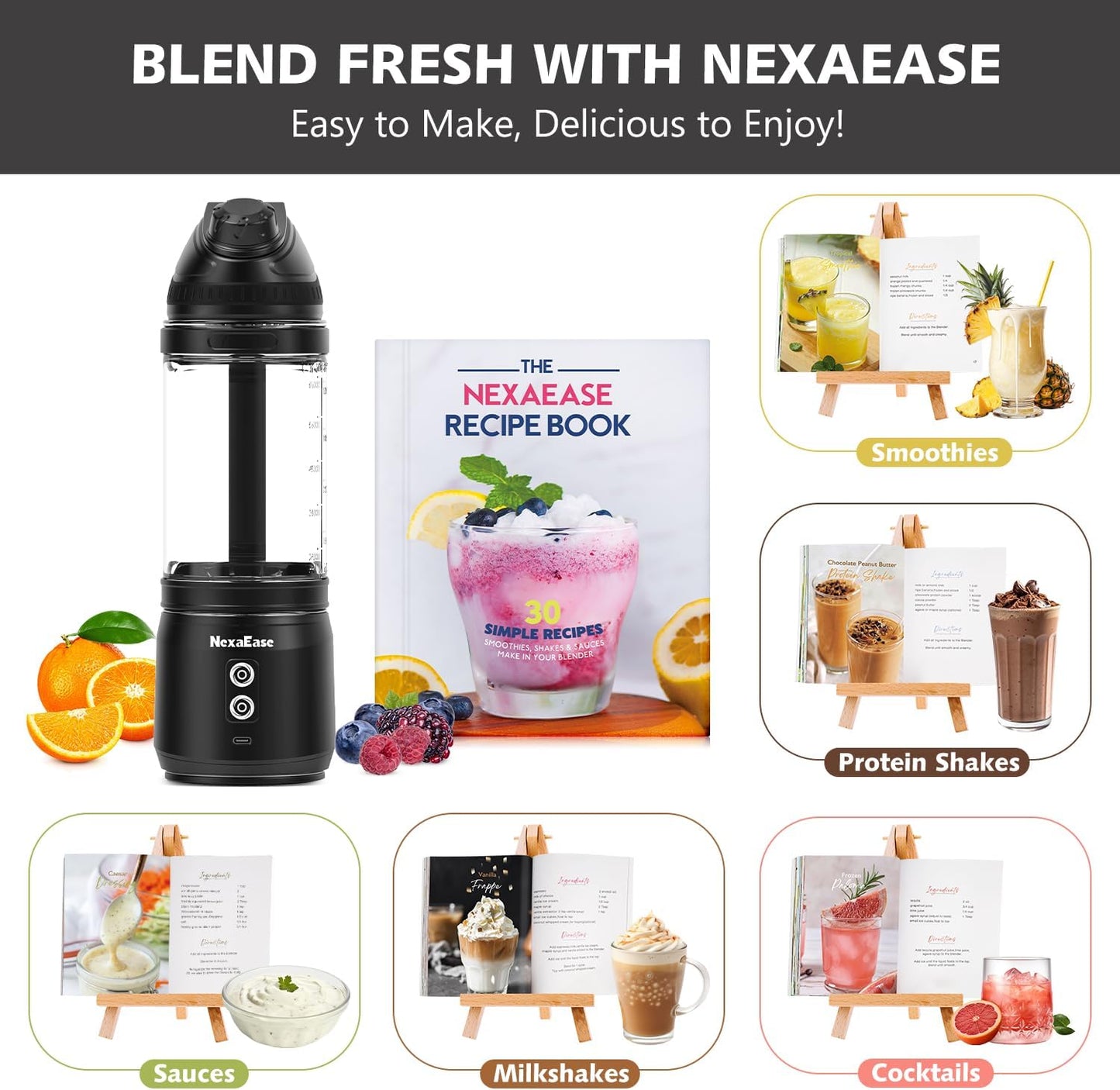 Portable Blender with Insulated Carrying Case & Recipe Book for Shakes and Smoothies, 24 OZ Personal Juicer Electric Protein Shaker Bottle, Mini Small Blender Cup with USB-C Rechargeable, Travel Lid