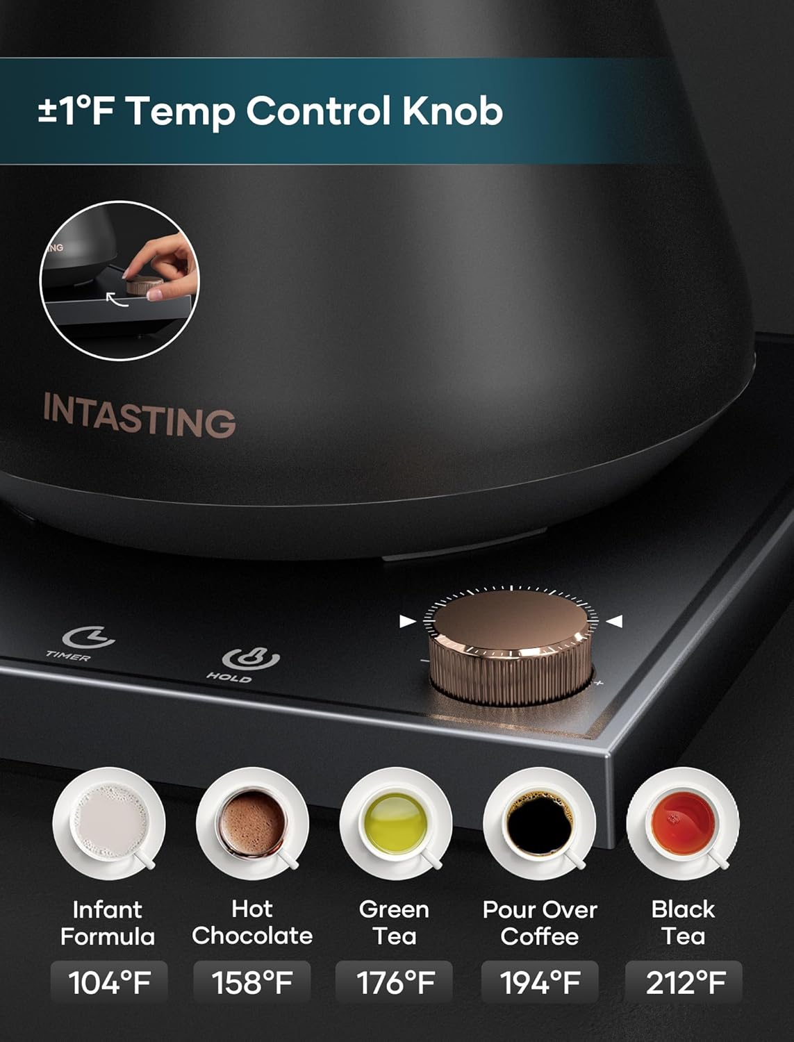 Electric Kettle, Gooseneck Electric Kettle, ±1℉ Precise Temperature Control, Stainless Steel Interior, Quick Heating for Pour Over Coffee, Tea & Boiling Water, 0.9L (Black)