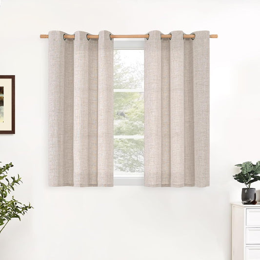 YoungsTex Short Linen Curtains 48 Inches Length for Small Window, Light Filtering Drapes with Bronze Grommet Textured Sheer Privacy for Kitchen Bathroom, 34 x 48 Inch, 2 Panels