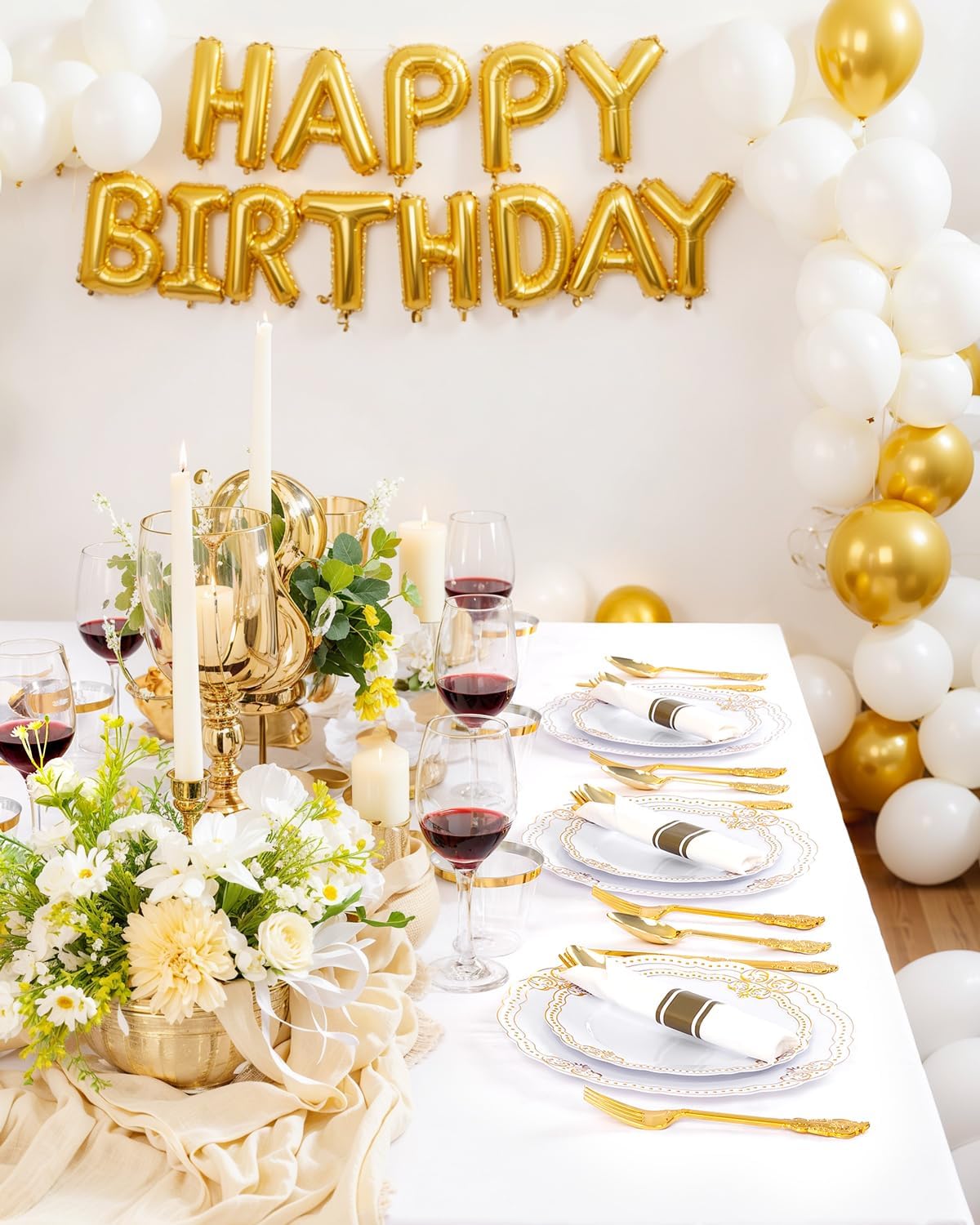 Ciaell 350 PCS Gold Plastic Plates - White and Gold Plates - Gold Disposable Plates Include 50 Disposable Plate, 150 Heavy Duty Silverware, 50 Cups, 50 Napkins for Wedding & Party & Thanksgiving