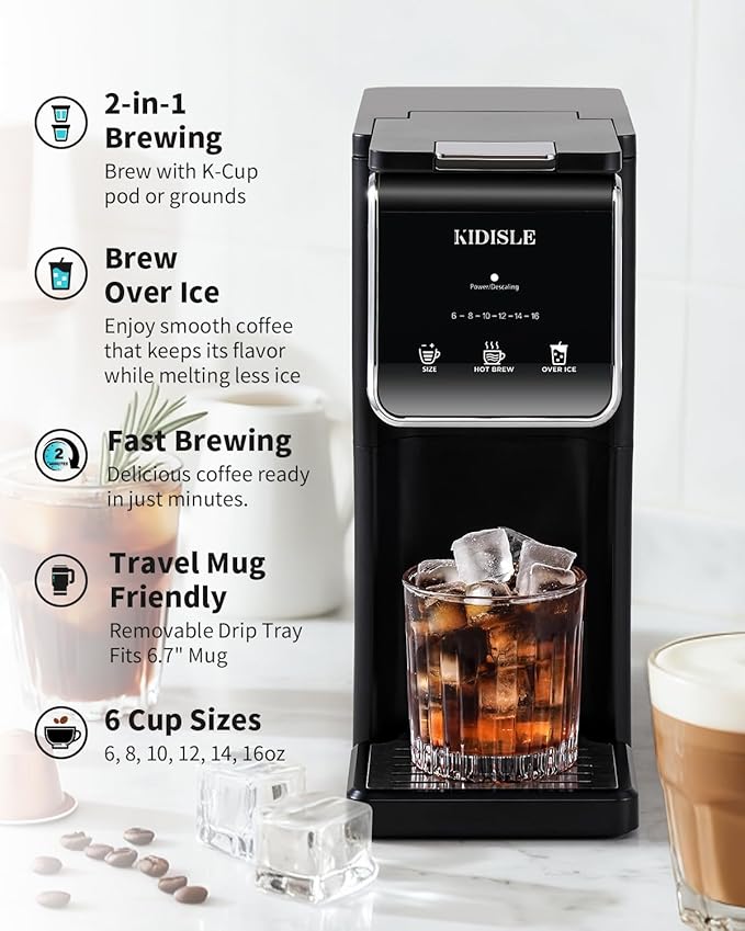 Hot & Iced Single Serve Coffee Maker, K Cup Pod Coffee Maker Compatible with Grounds, Reusable Filter, 6–16oz Brew Sizes, Large 40oz Water Tank, Easy to Use, Black