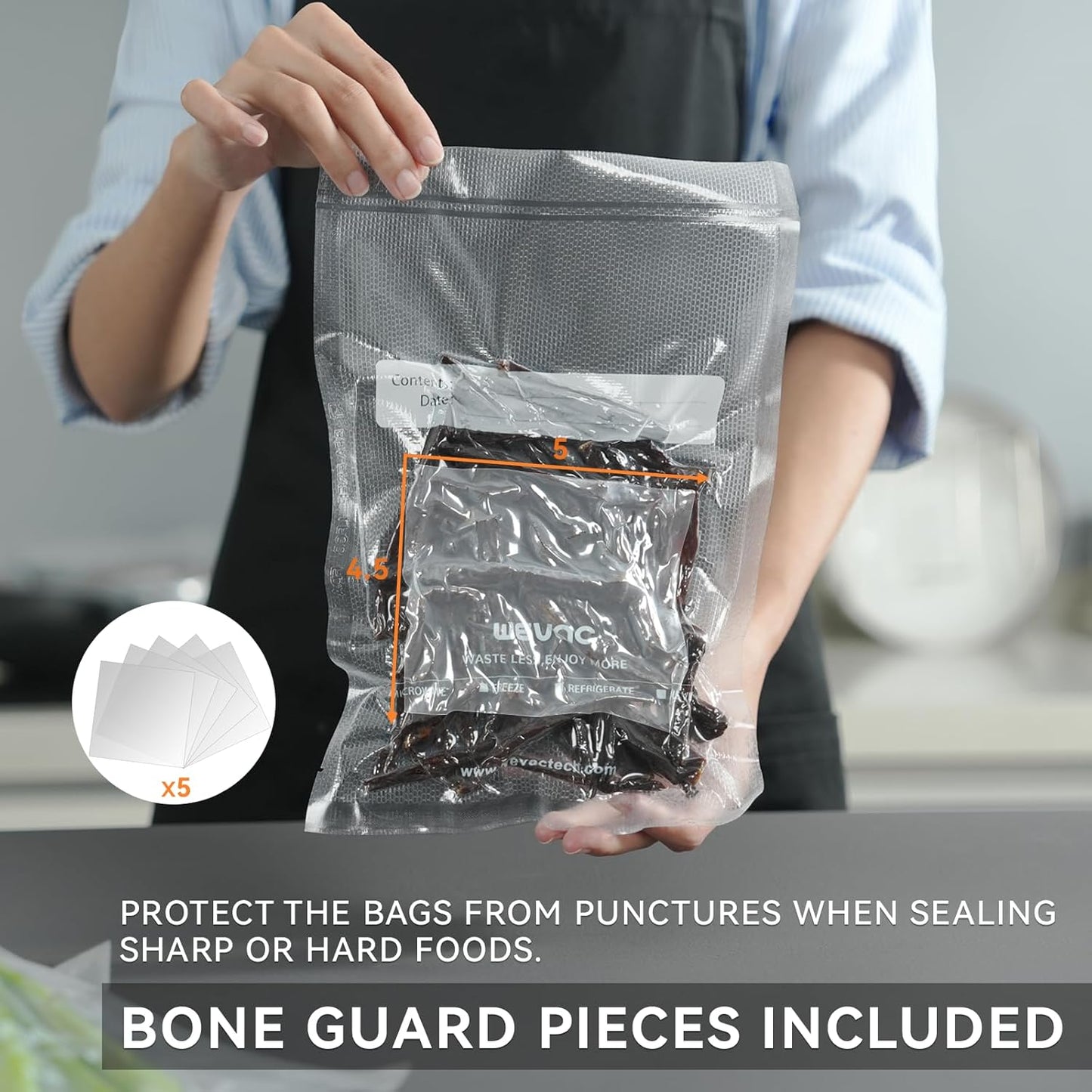 Wevac 8" x 12" Precut Vacuum Sealer Bags, 200 Count, Includes 5 Liquid Block Bags & 5 Bone Guard Pieces, Heavy Duty for Food Storage, Sous Vide & Meal Prep