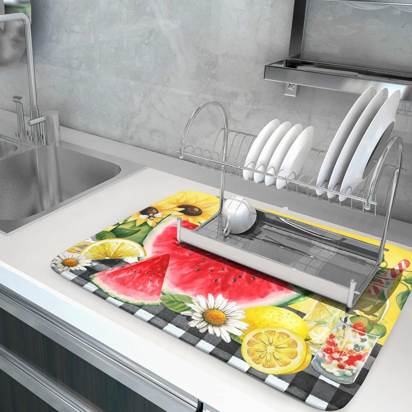 Dish Drying Mat Watermelon Summer Fruit Bee Flower Check Yellow Absorbent Dishes Pad Drainer Rack Mats Heat Resistant Kitchen Counter Protector Plate Bottle Pot Holder 18x24 Inch
