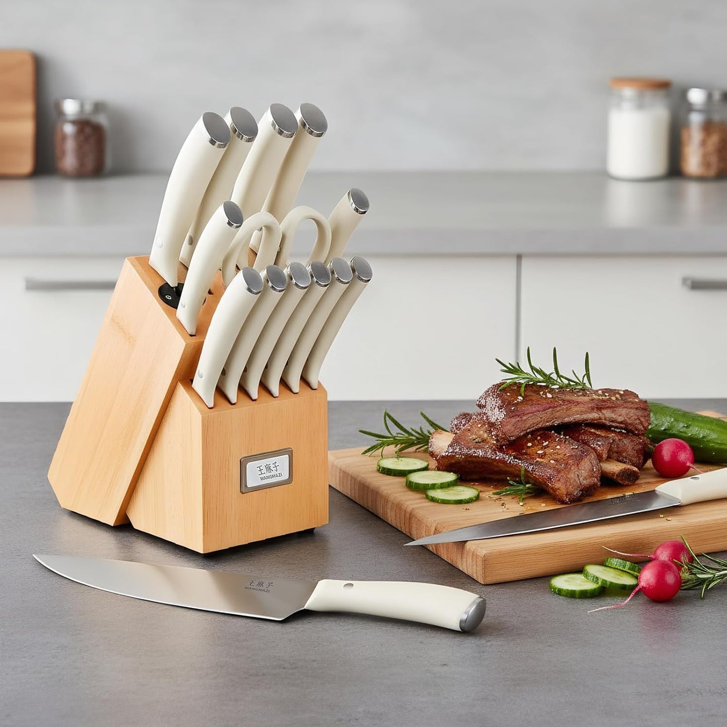 Newly Updated Sharp Chef Knife Set,High Carbon Stainless Steel Forged,Kitchen Knife Set Ergonomic Handle,Hundreds of Years of Masterful Craftsmanship(15PCS,Ivory)