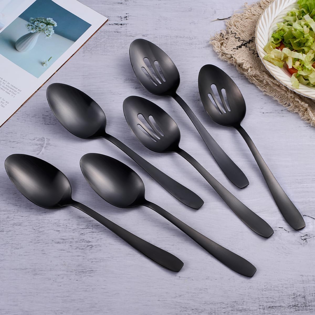 6 Pieces Large Serving Set - 3 Spoons & 3 Slotted Spoons - 10.6 Inch Matte Black Stainless Steel Utensils - Dishwasher Safe for Kitchen, Buffet, Party, Restaurant
