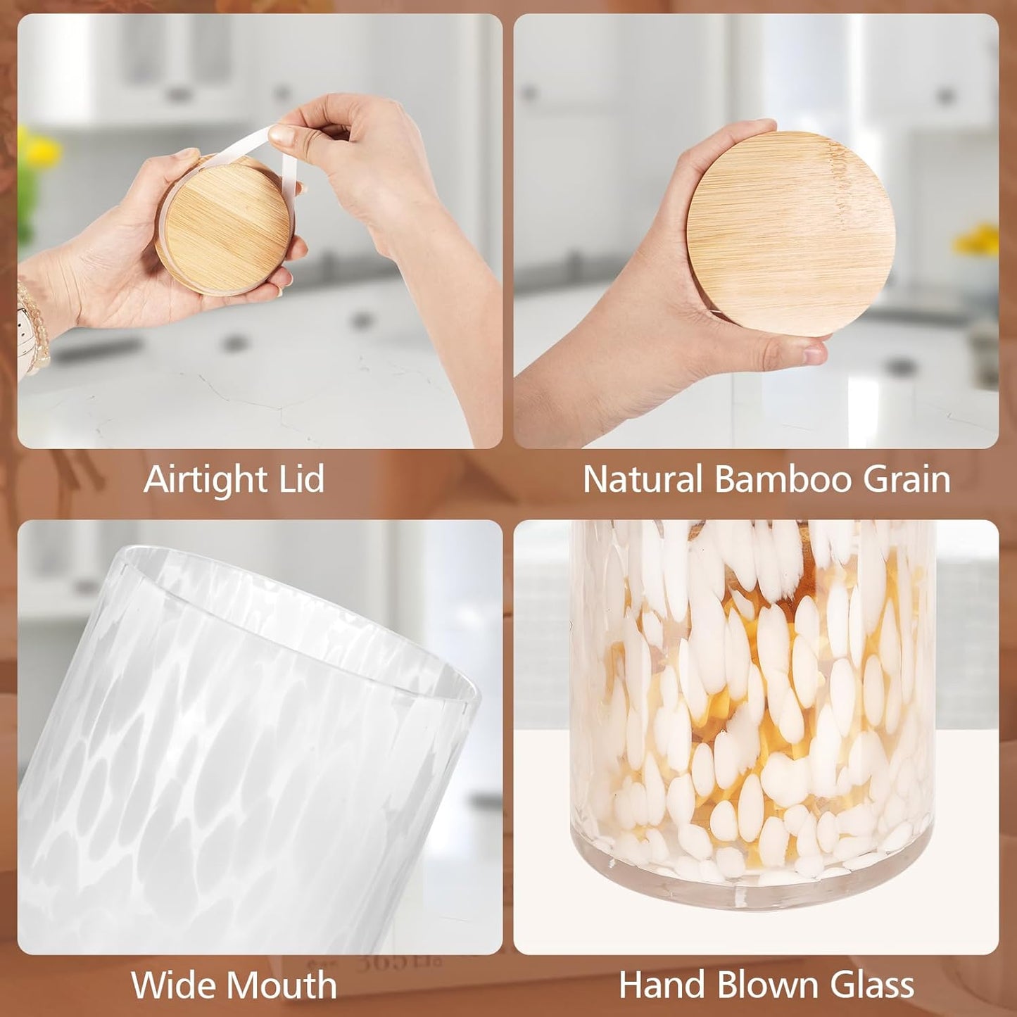 Hand Blown Glass Food Storage Containers with Lids 14oz Jar with Lid Coffee Container,Spice,Sugar,Tea,Flour,Nuts,Decorative Jars for Countertop(White)