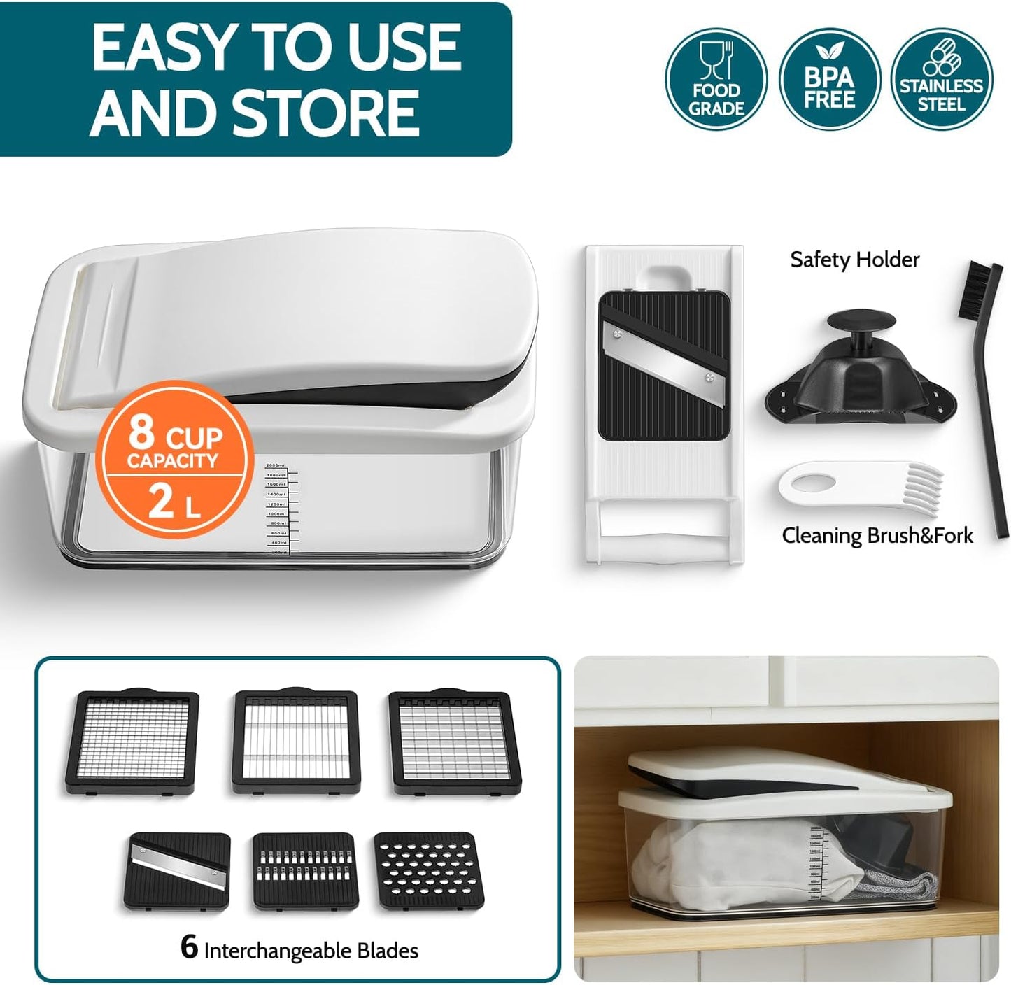 Sopito Vegetable Chopper Heavy-Duty Mandoline Slicer for Kitchen - Multifunctional Onion Potato Food Veggie Fruit Slicer and Cutter with 6 Blades & Container for Onion, Veggies, and Food Preparation