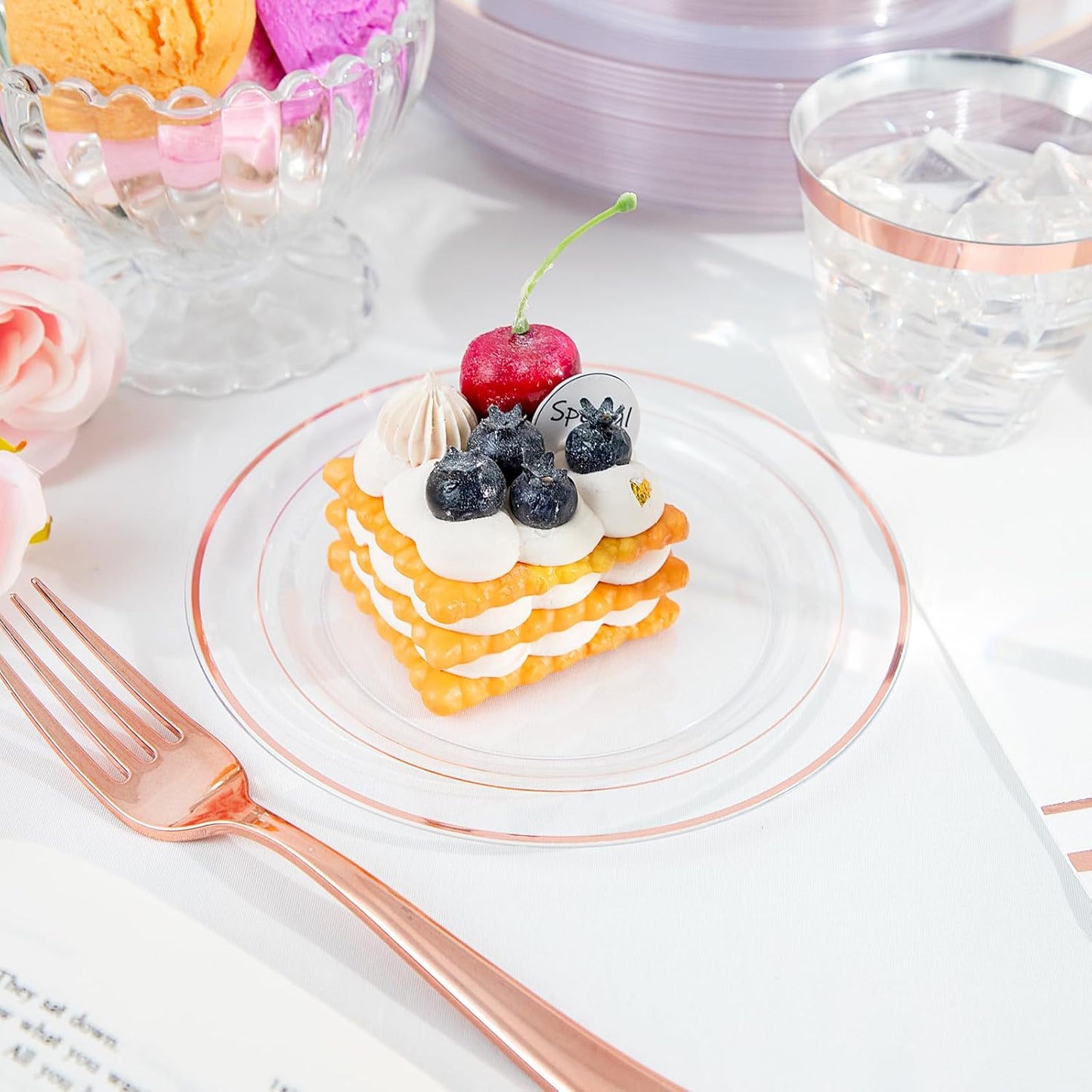 GATHER 350PCS Rose Gold Plastic Plates - Disposable Rose Gold Dinnerware Includes 100 Clear Rose Golds Rimmed Plastic Plates, 150 Silverware, 50 Napkins, 50 Cups for Party, Wedding