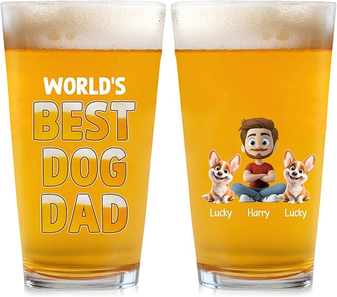 Wrappiness Best Mom Dad Logo Personalized Custom Beer Glass - 16oz Glassware for Beer Soda Cocktails - Gift for Dog Lovers, Father's Day, Birthday Gift for Parents (B04, 2 Dogs)