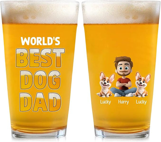 Wrappiness Best Mom Dad Logo Personalized Custom Beer Glass - 16oz Glassware for Beer Soda Cocktails - Gift for Dog Lovers, Father's Day, Birthday Gift for Parents (B04, 2 Dogs)