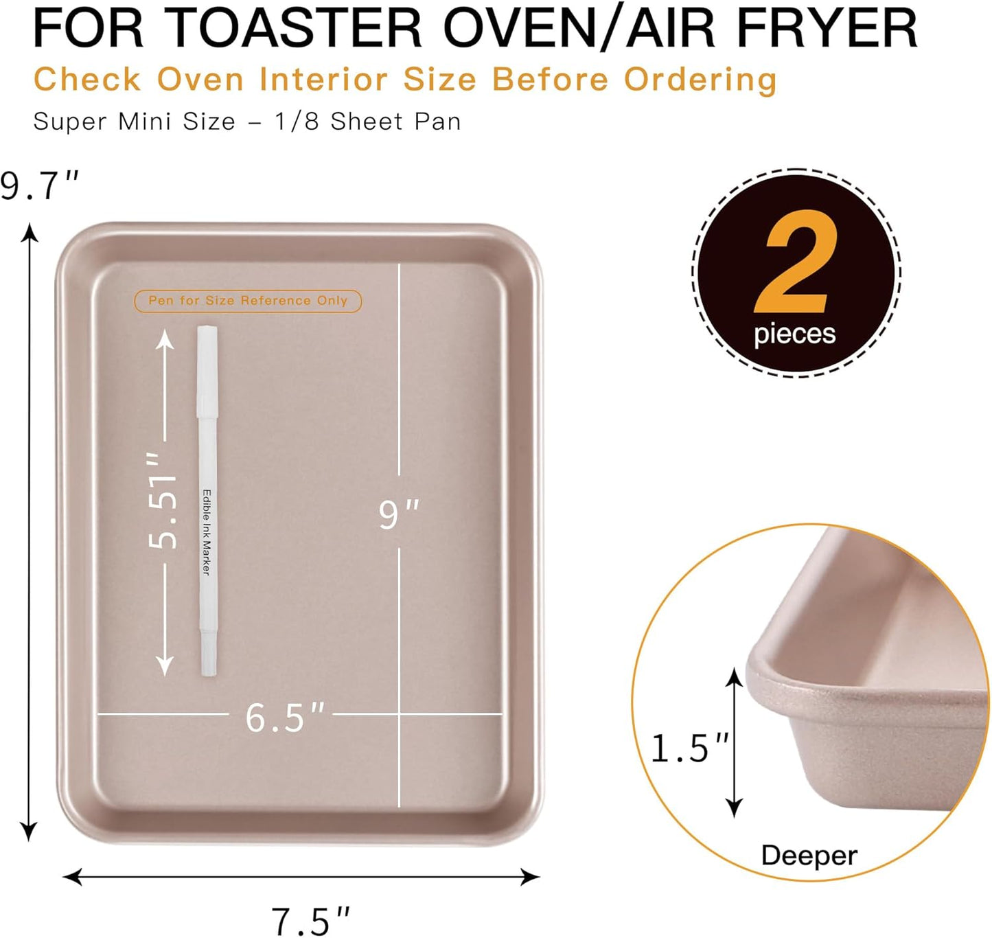HONGBAKE Toaster Oven Pan Nonstick Set of 2, Premium 1/8 Sheet Pan for Baking, Small Cookie Sheet Tray, Dishwasher Safe and Heavy Duty - Rose Gold