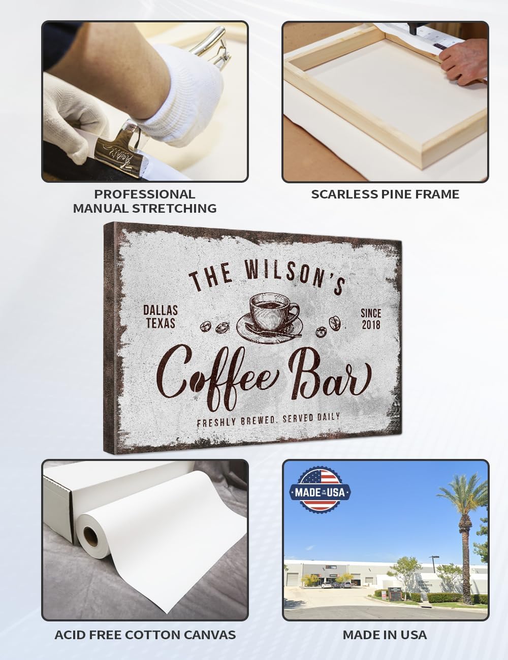 IPIC - Custom Tailored Canvas Coffee Bar Sign, Large Personalized Wall Art with Family Name, Rustic Style Wall Decor for Home, Kitchen or Business, Made in USA