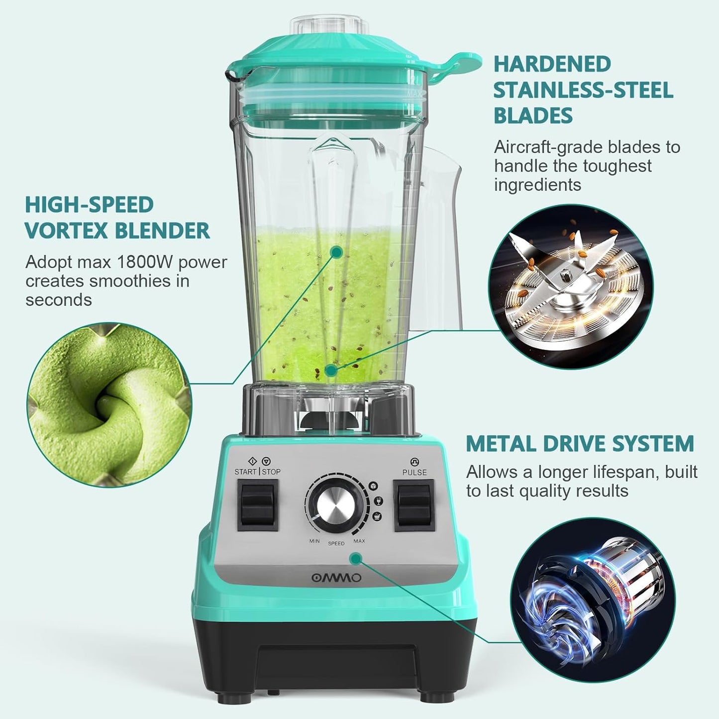 OMMO Blender 1800W, Professional High Speed Countertop Blender with Durable Stainless Steel Blades, 60oz BPA Free Blender for Shakes and Smoothies, Nuts, Ice and Fruits, Dishwasher Safe