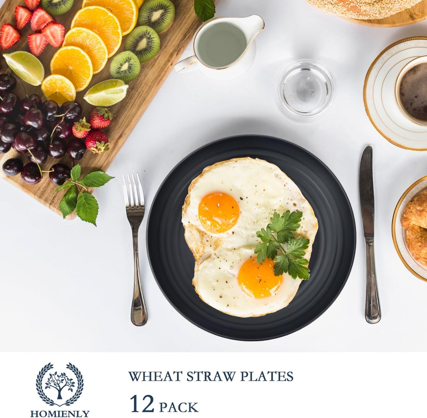 Homienly Deep Dinner Plate Set of 12 - Alternative to Plastic - Microwave & Dishwasher Safe - Wheat Straw Construction - Unbreakable - Ideal for Kids (Black, 9 inch)