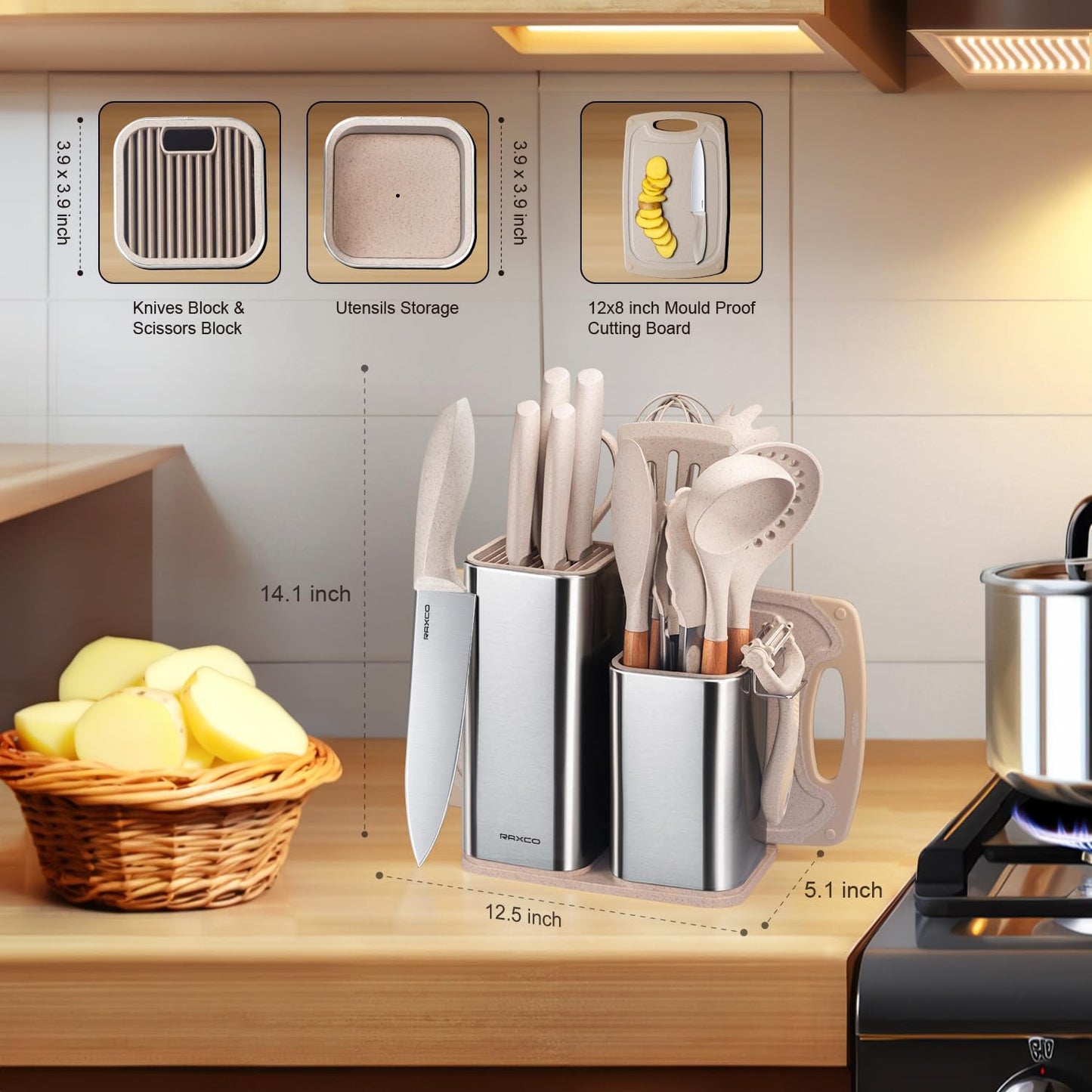 RAXCO Utensil Sets,18-Piece Knifes and cutting board,Silicone Cooking Tools and Kitchen Accessories,Straw