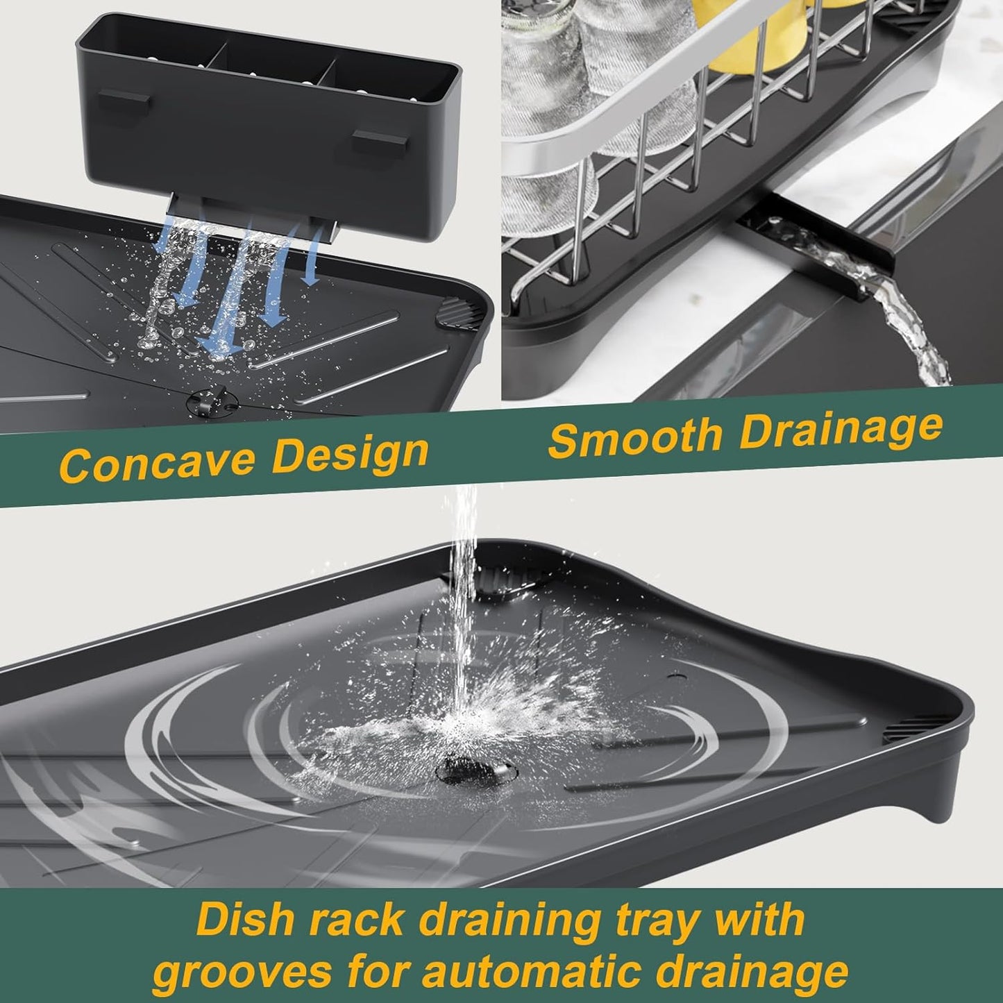 LIYI Dish Rack for Kitchen Counter,Stainless Steel Drying Rack,304 Stainless Steel with Drainage Plate,Large Capacity Utensil Storage System,Intelligent Drainage and Deflector Structure,Black