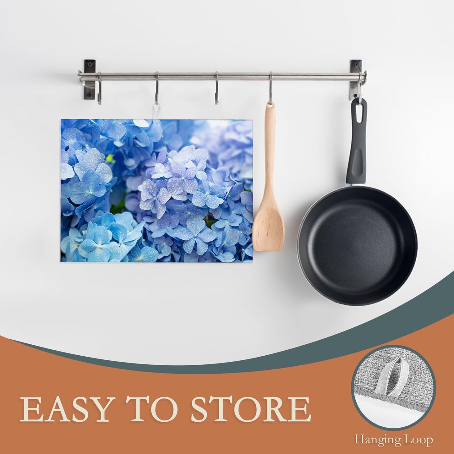 Blue Hydrangea Flower Dish Drying Mats 18x24 Inch, Dish Pad Drying Rack Mat for Kitchen Counter Ultra Absorbent Microfiber Dishware Coffee Maker Bar Countertop Decor