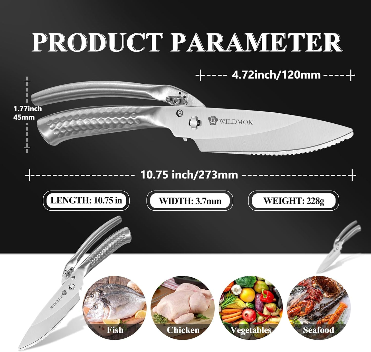 WILDMOK Heavy Duty Poultry Kitchen Shears – Multi-function Stainless Steel Poultry Shears, Ultra Sharp All Purpose Kitchen Scissors Cutting Chicken Meat, Turkey, Fish