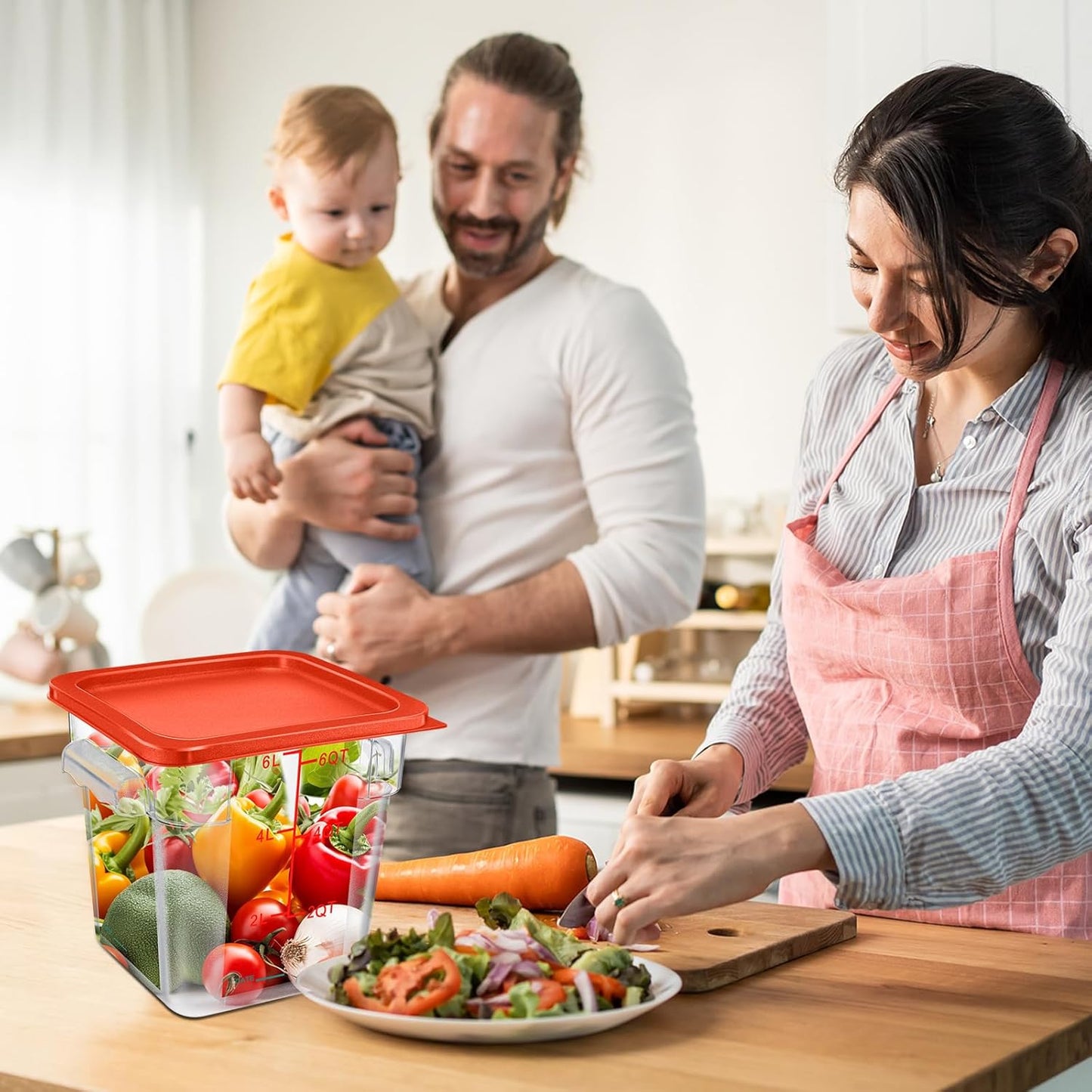 Suclain 8 Pack 4 QT and 6 QT Food Storage Containers with Lids Scales Handles Square Clear Restaurant Food Storage Containers Polycarbonate Commercial Grade for Kitchen Marinating Meat Dough(Red)