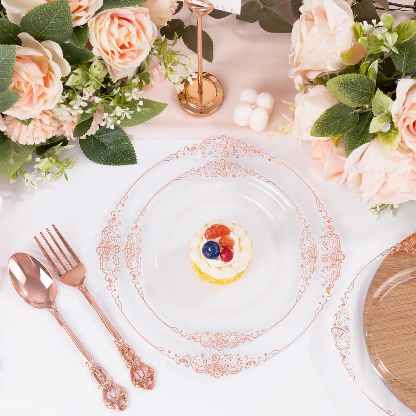 102PCS Rose Gold Plastic Plates - Clear Rose Gold Plate - Heavy Duty Disposable Plates - Fancy Disposable Dinner & Dessert Plate for 51 Guests for Party & Wedding